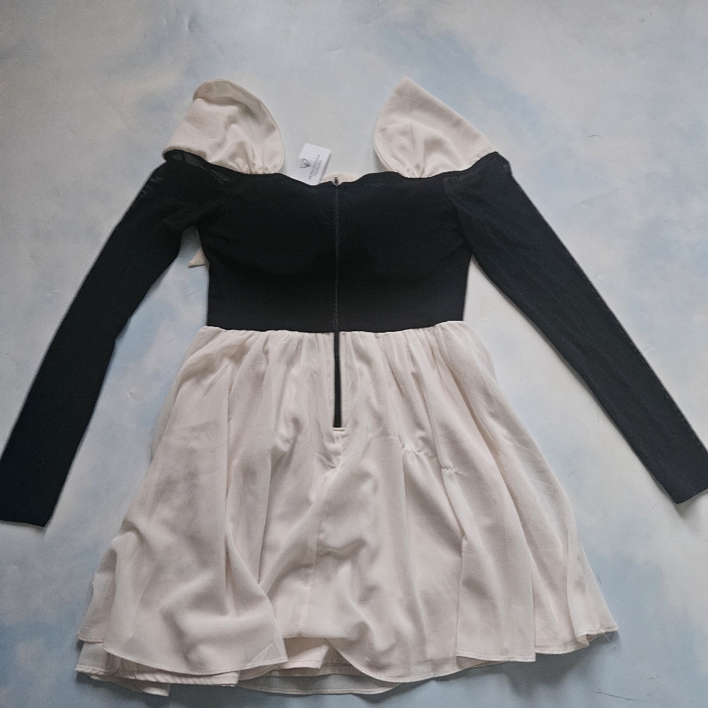 Coquette Black & Cream Off-Shoulder Dress Chiffon Feminine Mini Dress - Picture 13 of 16
